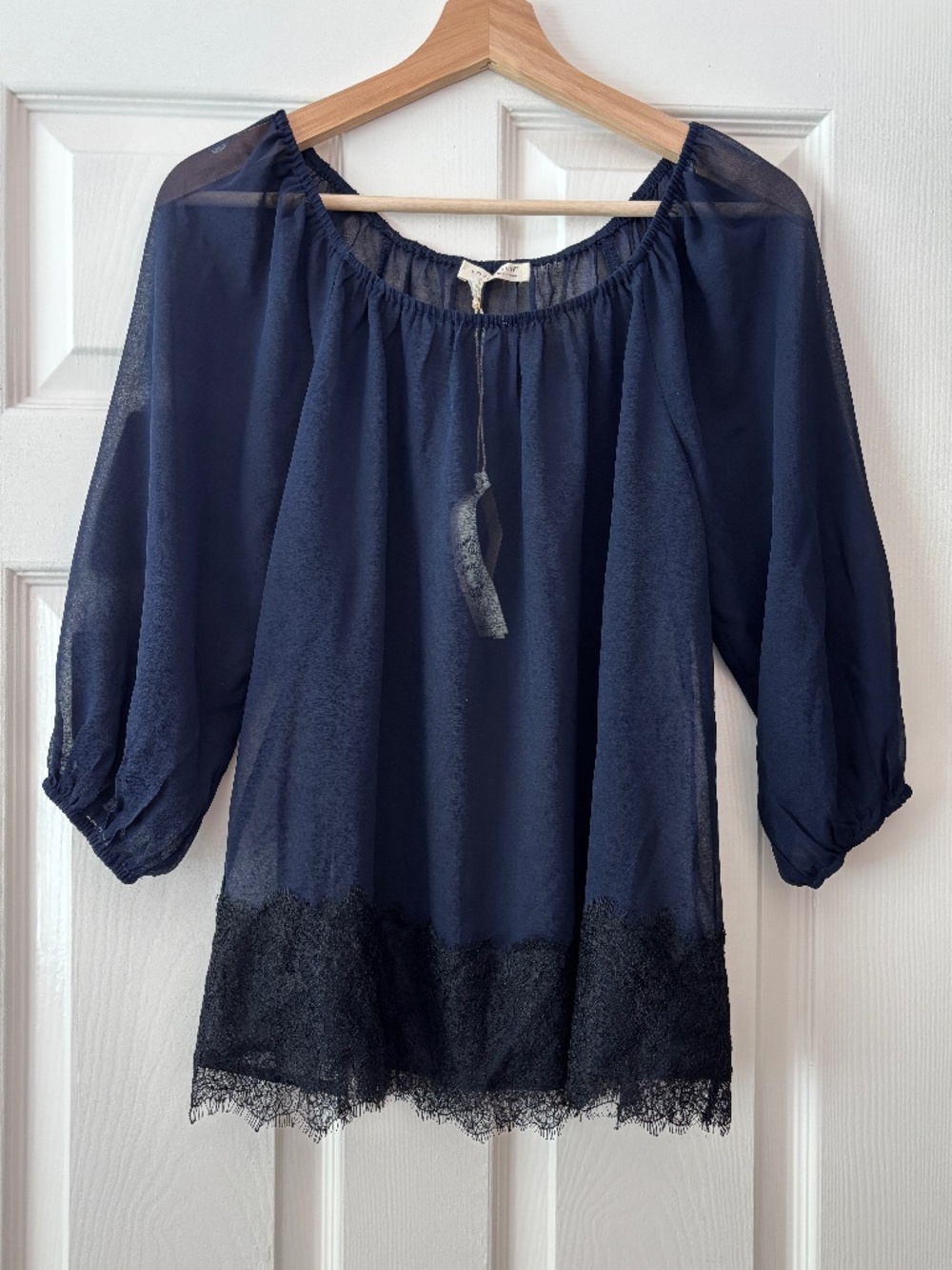 lovestitch Gather Lace Sheer Boho Blouse - Navy Blue & Black Size S - Picture 3 of 9